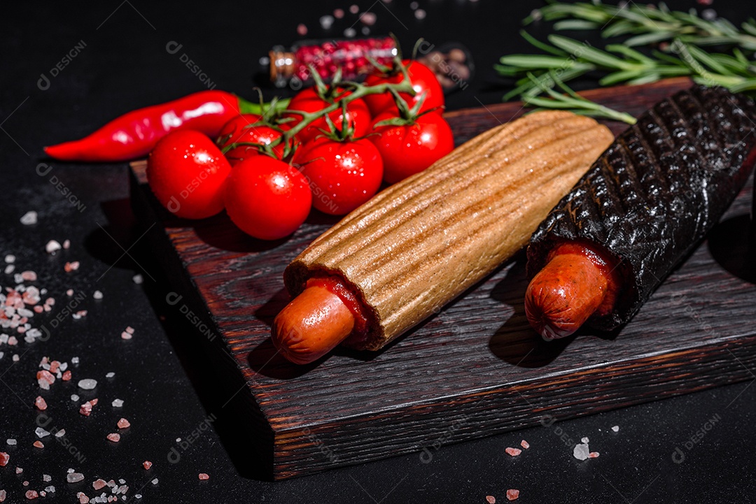 Deliciosos cachorros-quentes frescos com vários tipos de pães e salsichas.