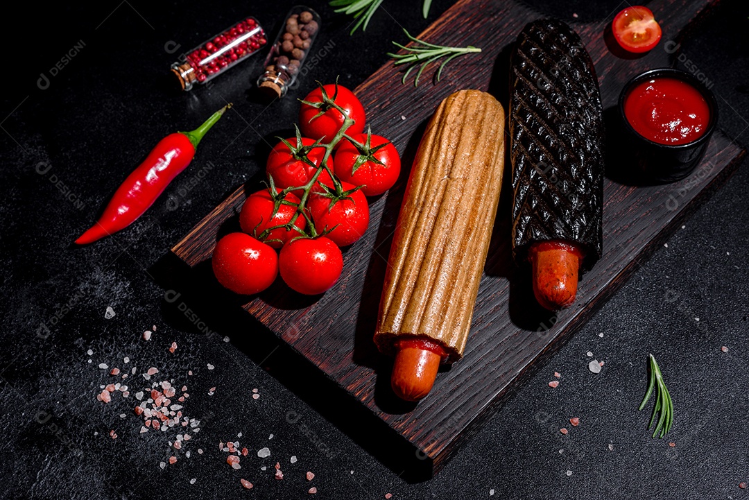 Deliciosos cachorros-quentes frescos com vários tipos de pães e salsichas.