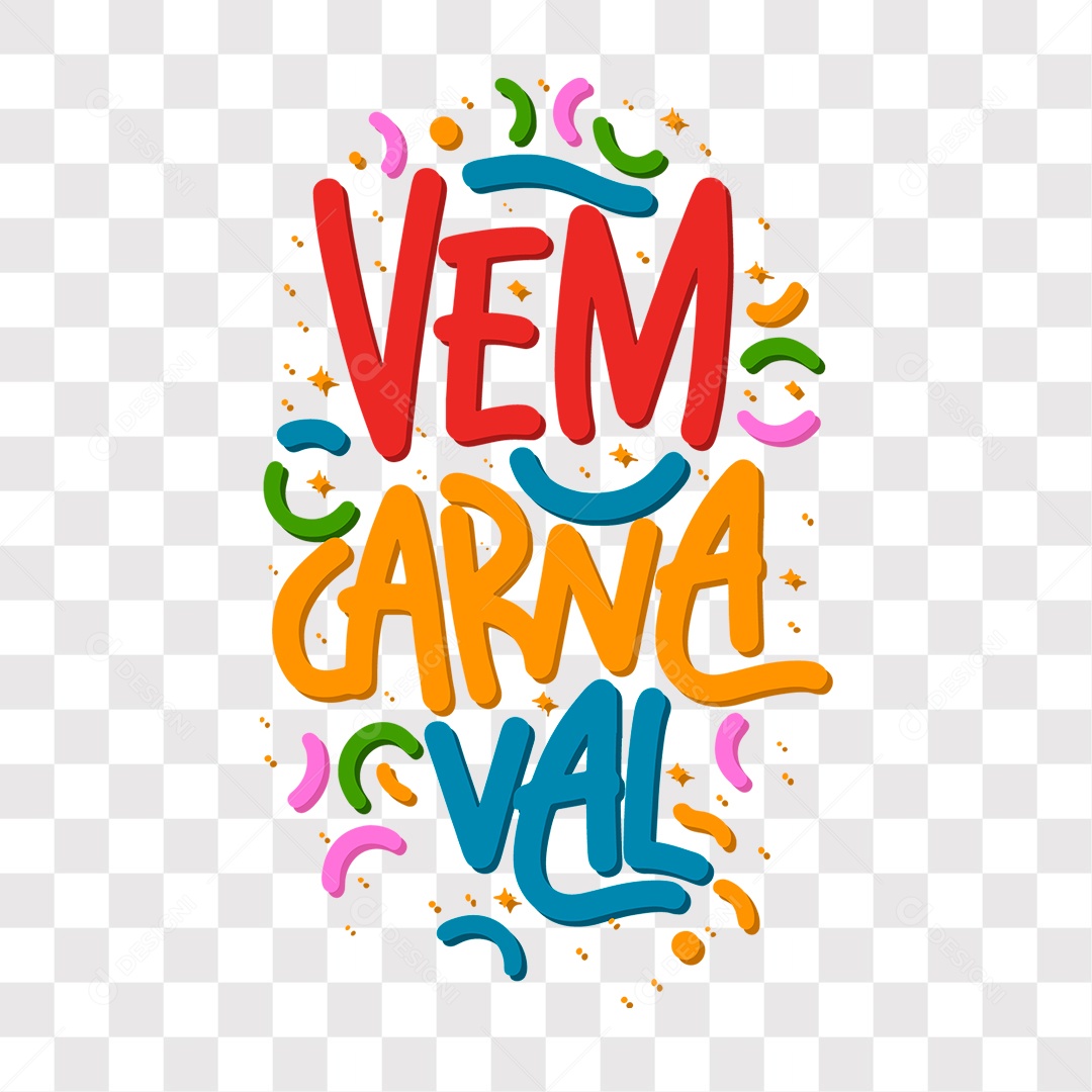 Lettering Vem Carnaval Texto Vermelho Laranja e Azul EPS + PNG