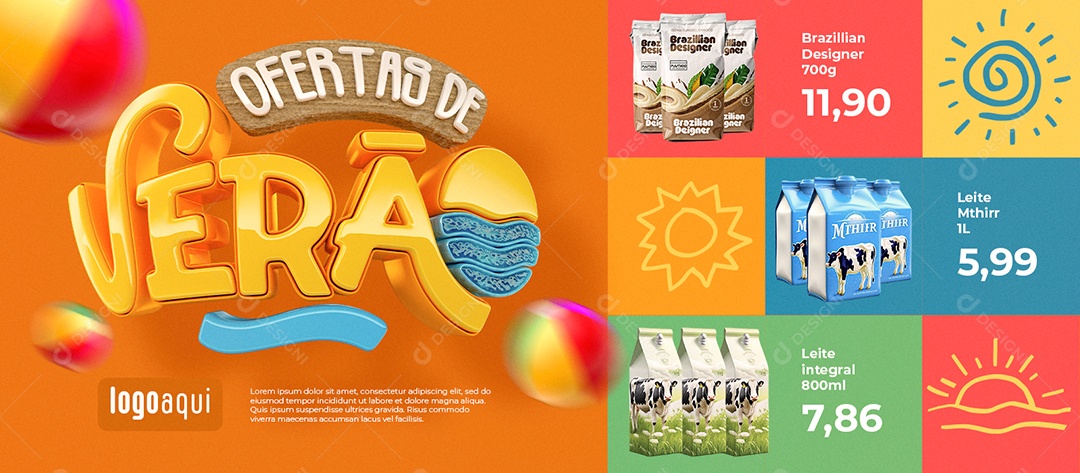 Banner Ofertas de Verão Supermercado Leite Integral Social Media PSD Editável