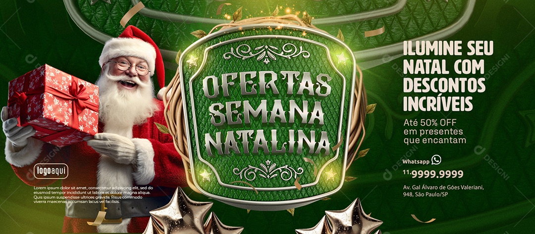 Banner Ofertas Semana Natalina Loja Até 50% Off em Presentes que Encantam Social Media PSD Editável