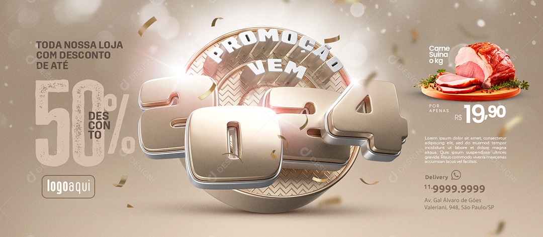 Banner Promoção Vem 2024 Carne Suína Toda nossa Loja com Desconto de Até 50% Social Media PSD Editável