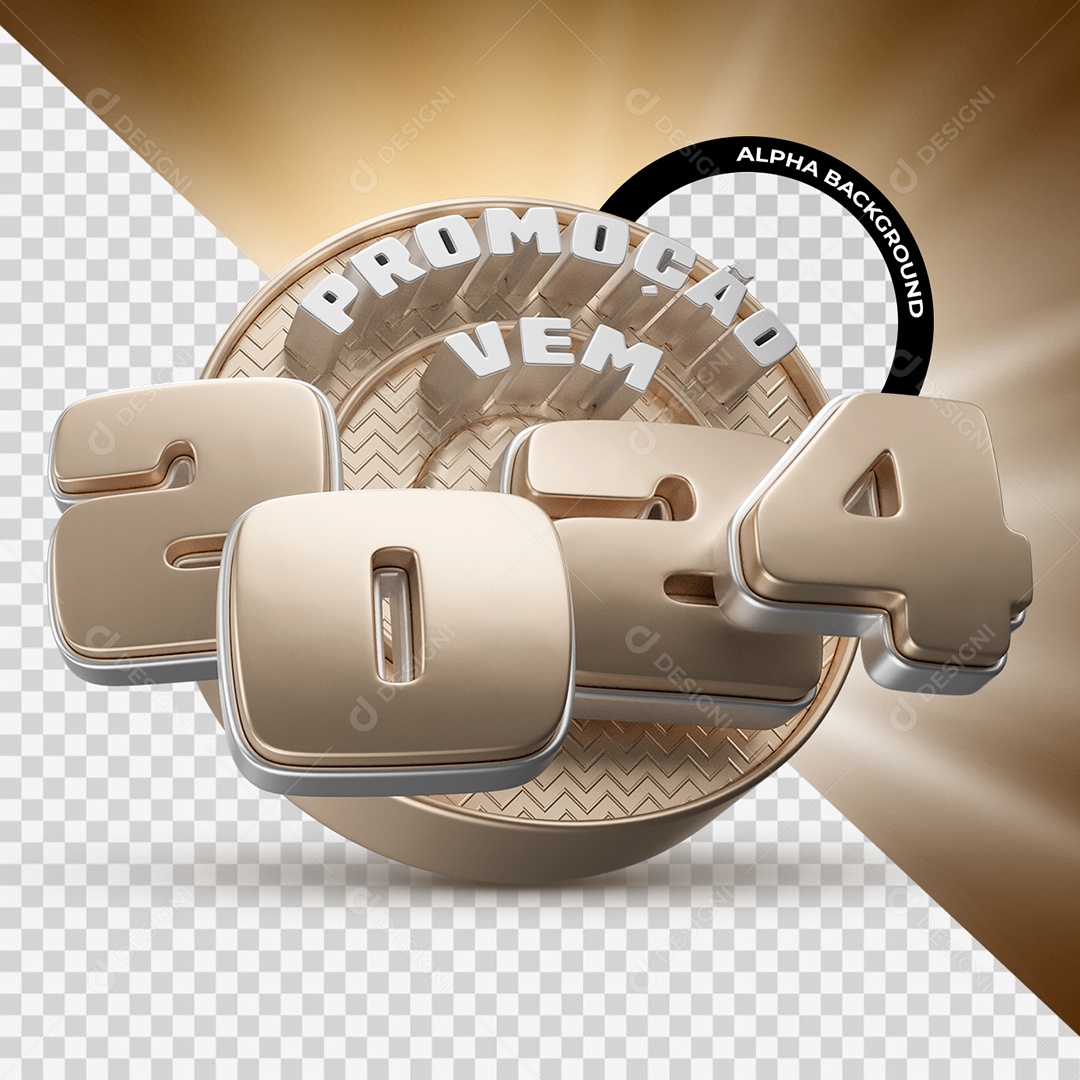 Promoção Vem 2024 Selo 3D Dourado e Branco para Composição PSD