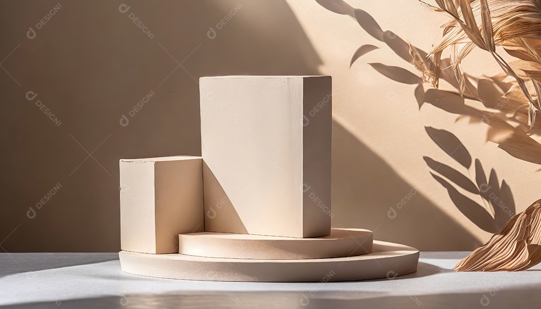 Pódio de exposição de produtos com sombra de folhas naturais no fundo da parede