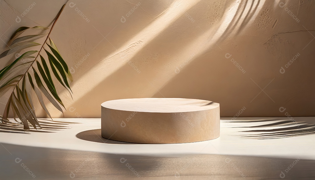 Pódio de exposição de produtos com sombra de folhas naturais no fundo da parede