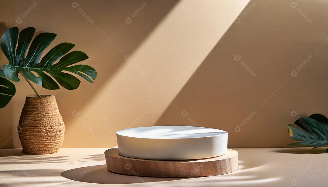 Pódio de exposição de produtos com sombra de folhas naturais no fundo da parede