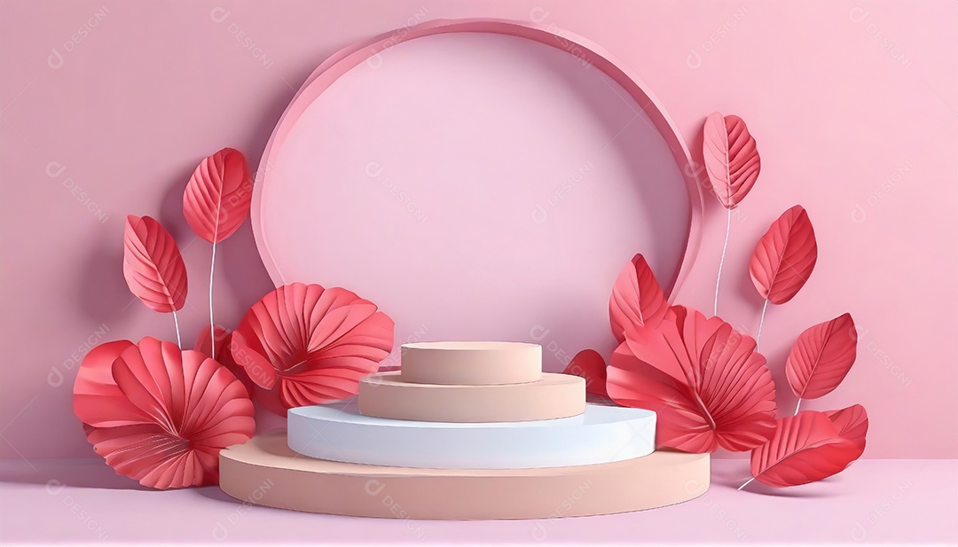 Pódio de exposição de produtos com sombra de folhas naturais no fundo da parede