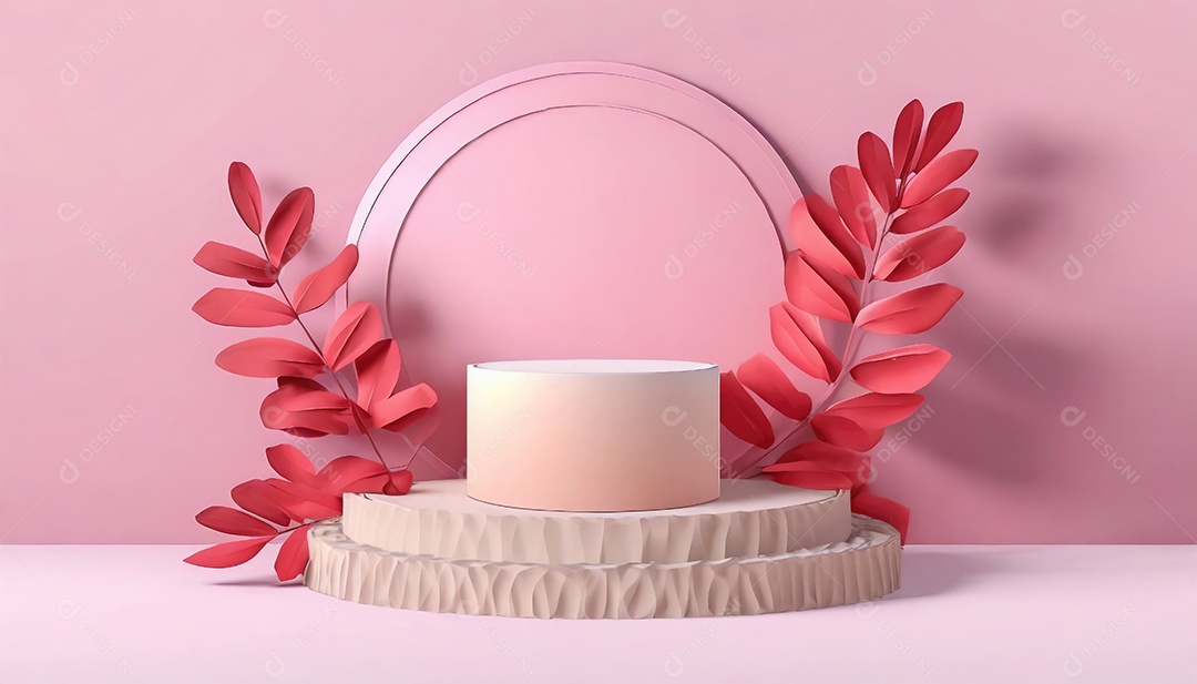 Pódio de exposição de produtos com sombra de folhas naturais no fundo da parede