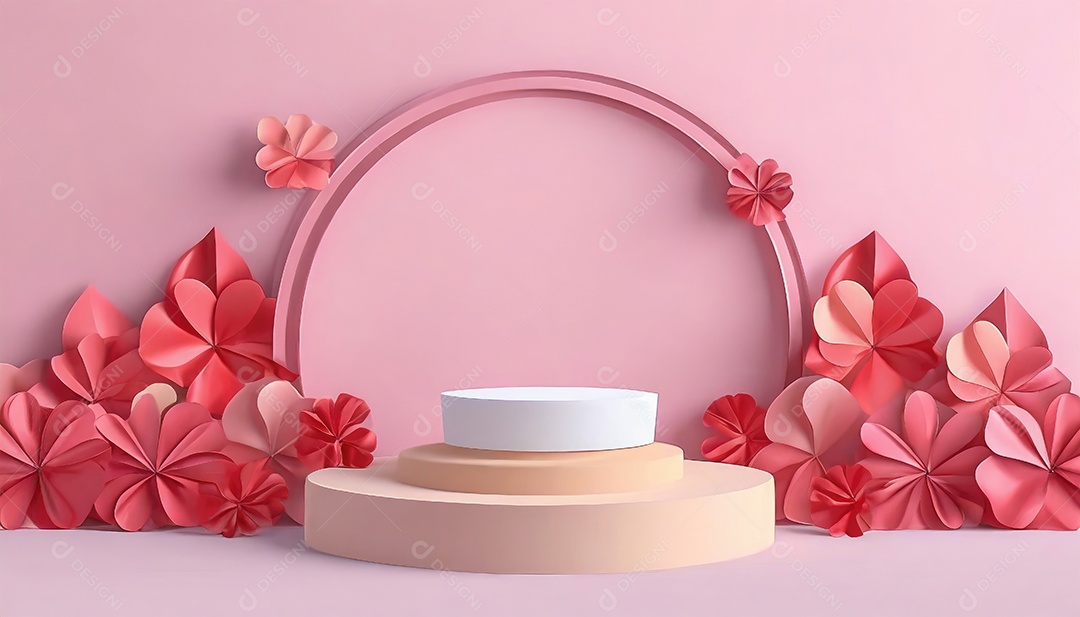 Pódio de exposição de produtos com sombra de folhas naturais no fundo da parede