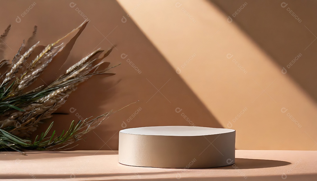 Pódio de exposição de produtos com sombra de folhas naturais no fundo da parede