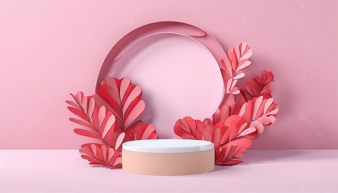 Pódio de exposição de produtos com sombra de folhas naturais no fundo da parede