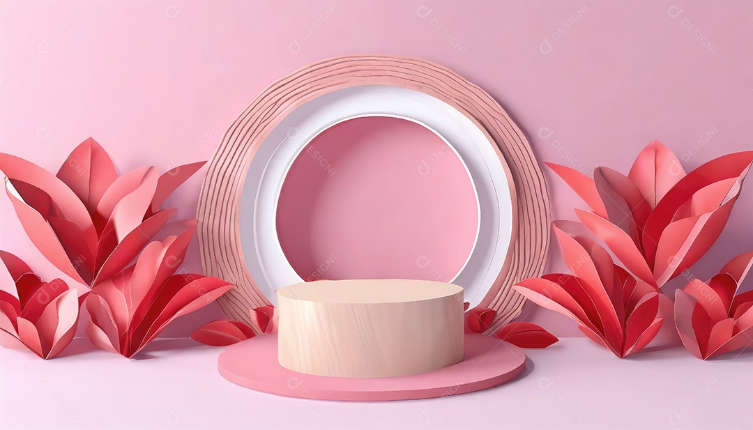 Pódio de exposição de produtos com sombra de folhas naturais no fundo da parede