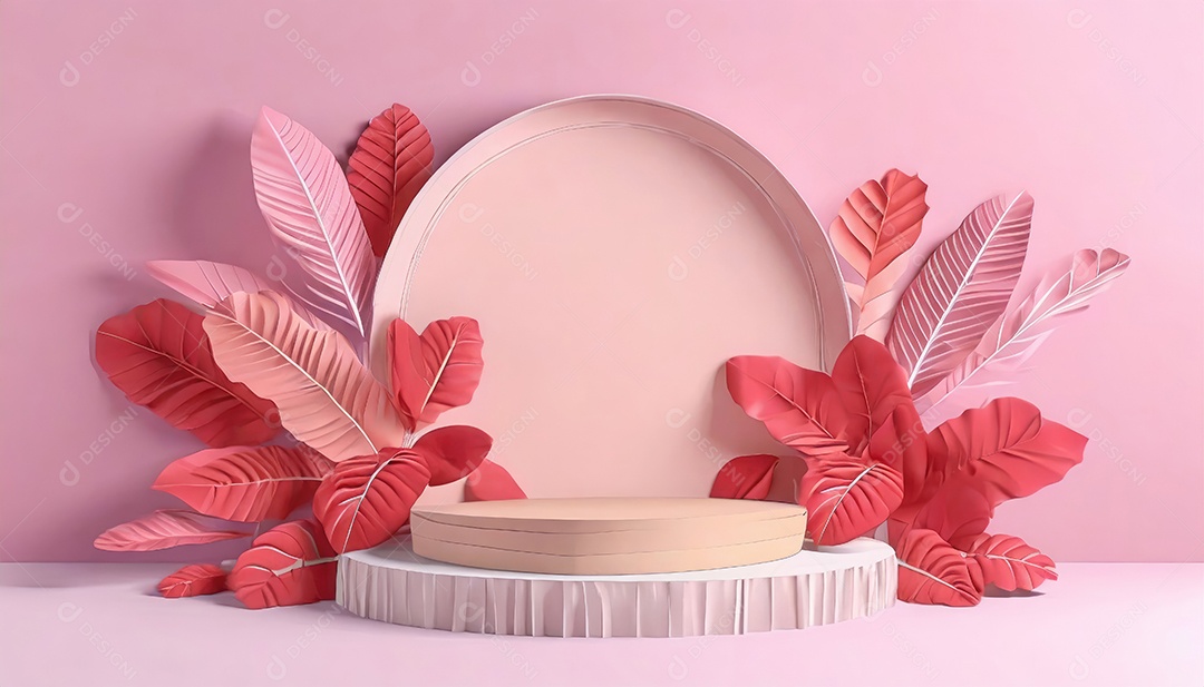 Pódio de exposição de produtos com sombra de folhas naturais no fundo da parede