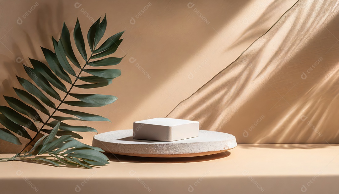 Pódio de exposição de produtos com sombra de folhas naturais no fundo da parede