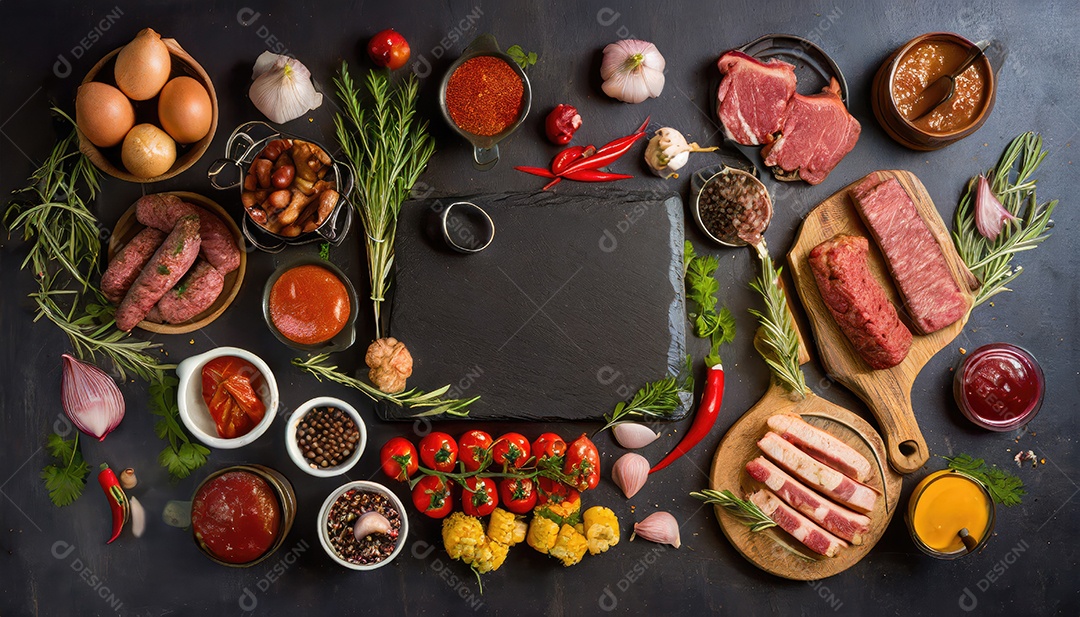 Carne grelhada legumes e molho em madeira rústica