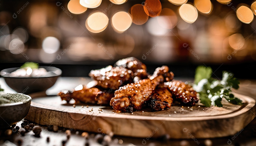 Coxas de frango frito sobre uma tábua de maadeira