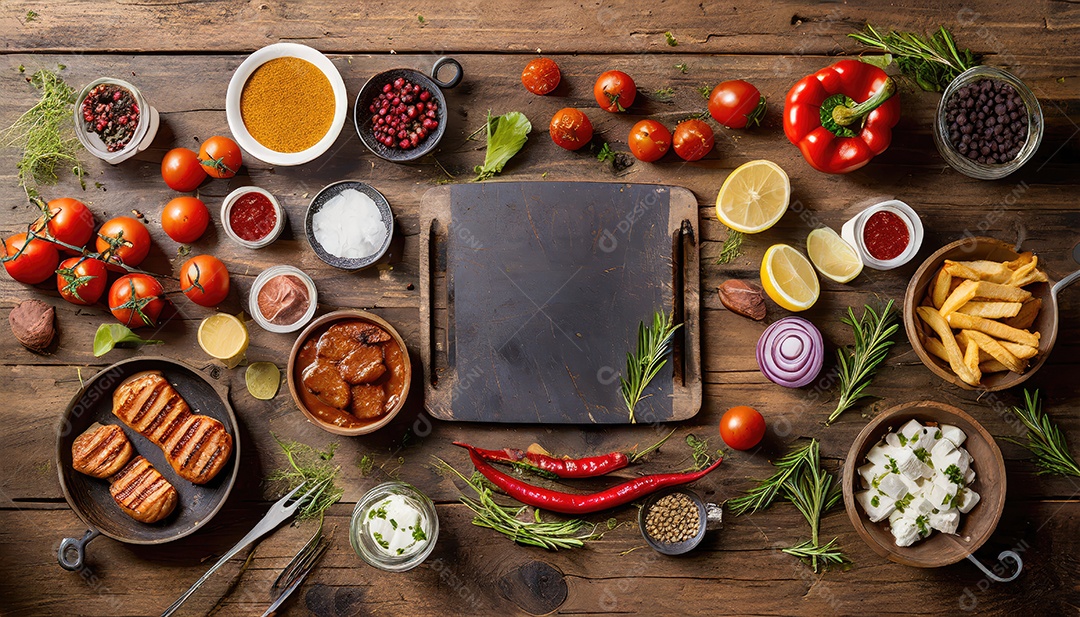 Carne grelhada e legumes em madeira rústica