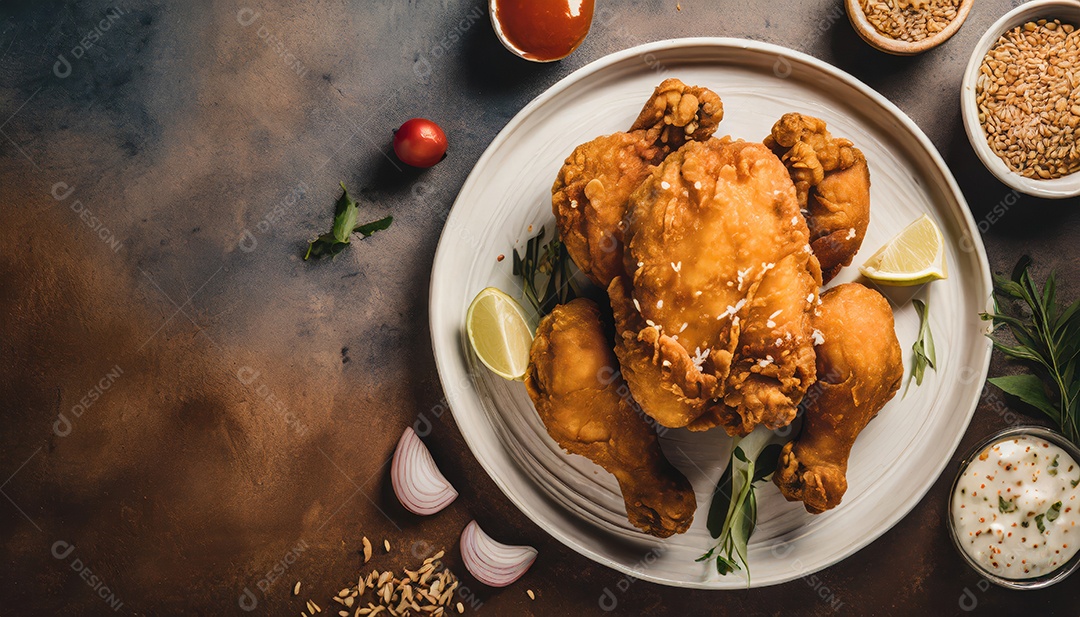 Frango assado crocante em um prato com molho de tomate.