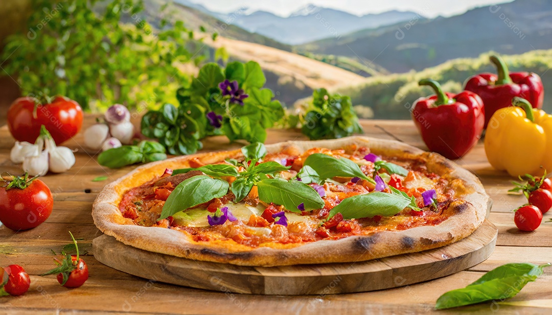 Pizza Margherita sobre uma tábua em fundo de uma paisagem.