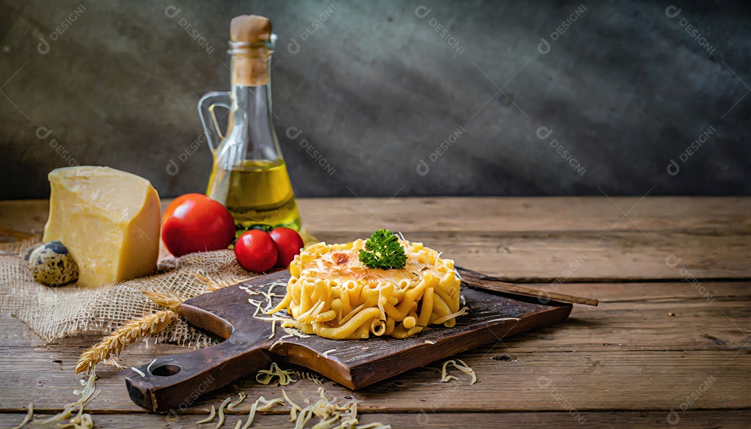 Macarrão com tomate e queijo ralado sobre uma tábua rústica