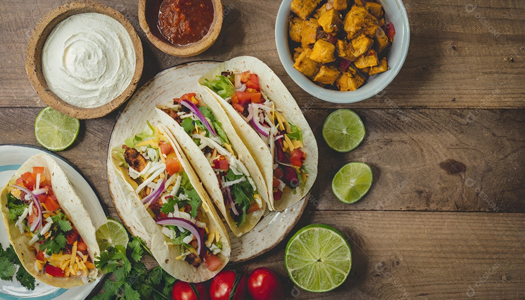 Tacos sobre uma mesa de madeira