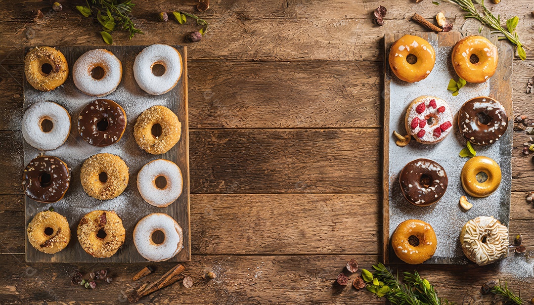 Variedade  de donuts com granulado e glacê em fundo de madeira