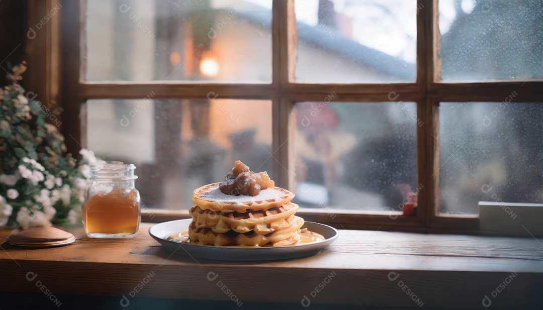 Waffles belgas com frutas e açúcar de confeiteiro em um prato branco