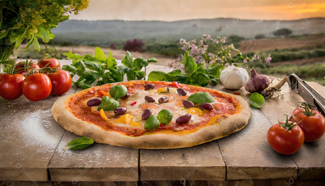 Pizza Margherita em fundo de madeira, fundo de paisagem.