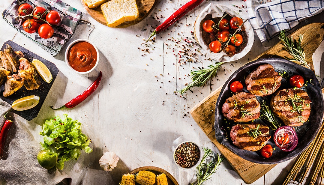 Carne de lombo frita em um prato com salada verde.