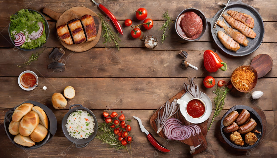 Carne grelhada e legumes em madeira rústica