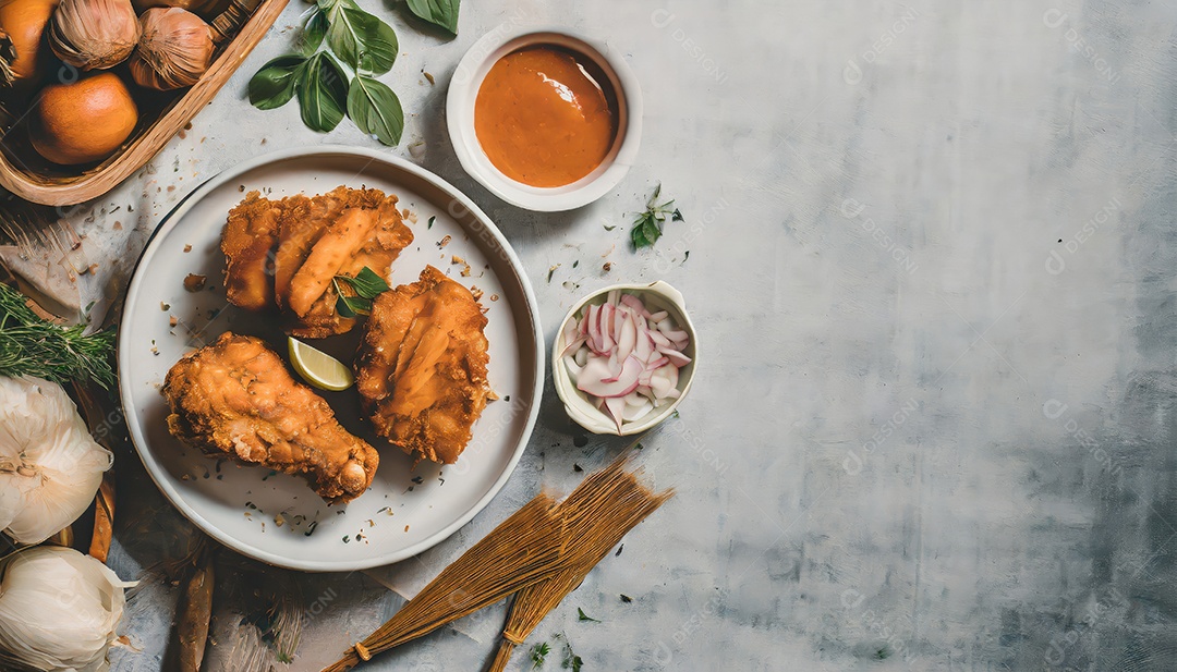 Frango assado crocante em um prato com molho de tomate.