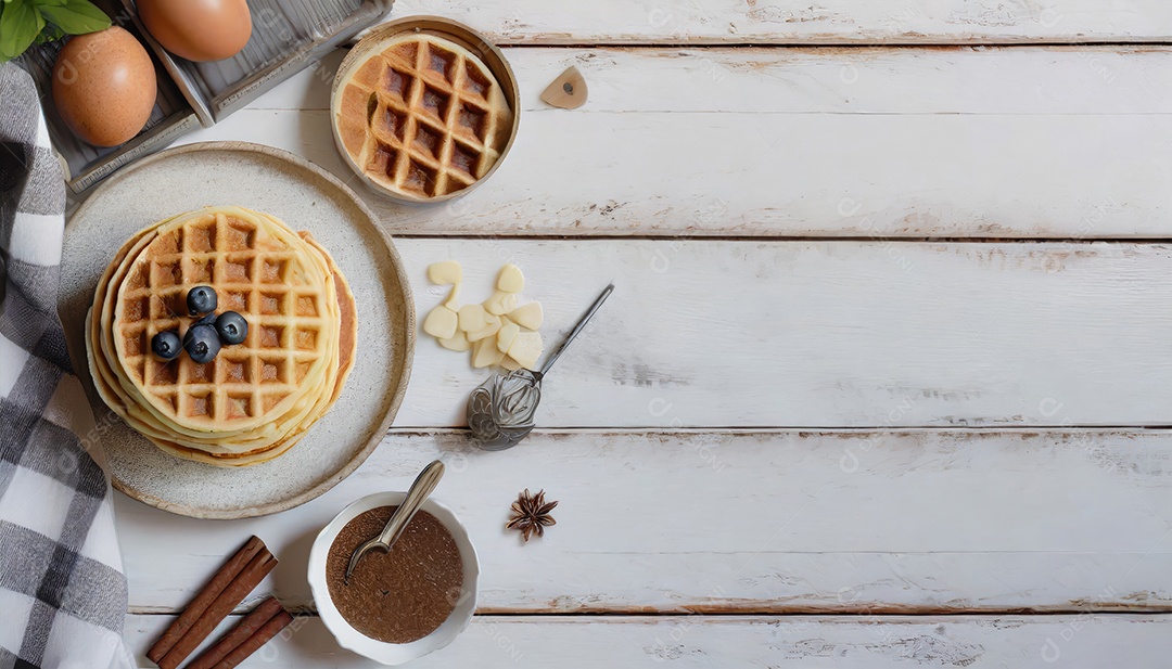 Waffles feitos com purê de abóbora, ovos e farinha, com adição de canela, cravo.