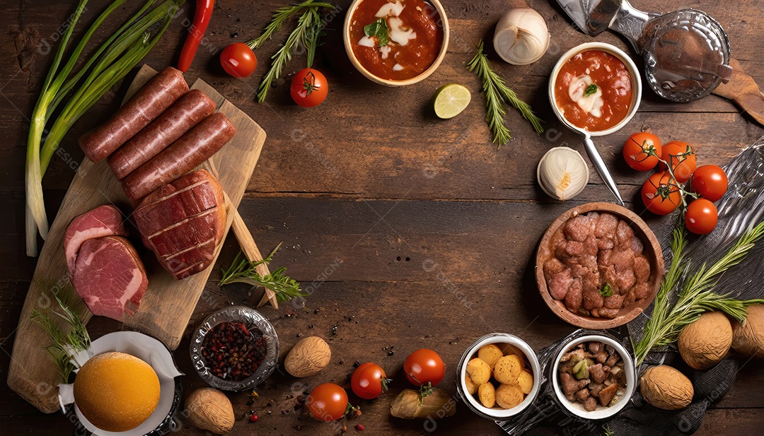 Menu Churrasco. Carne grelhada e legumes em madeira rústica