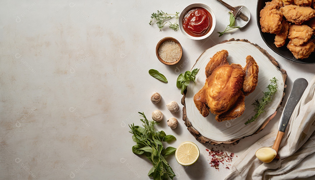 Frango inteiro à milanesa, tiras de frango perna, asa e peito.