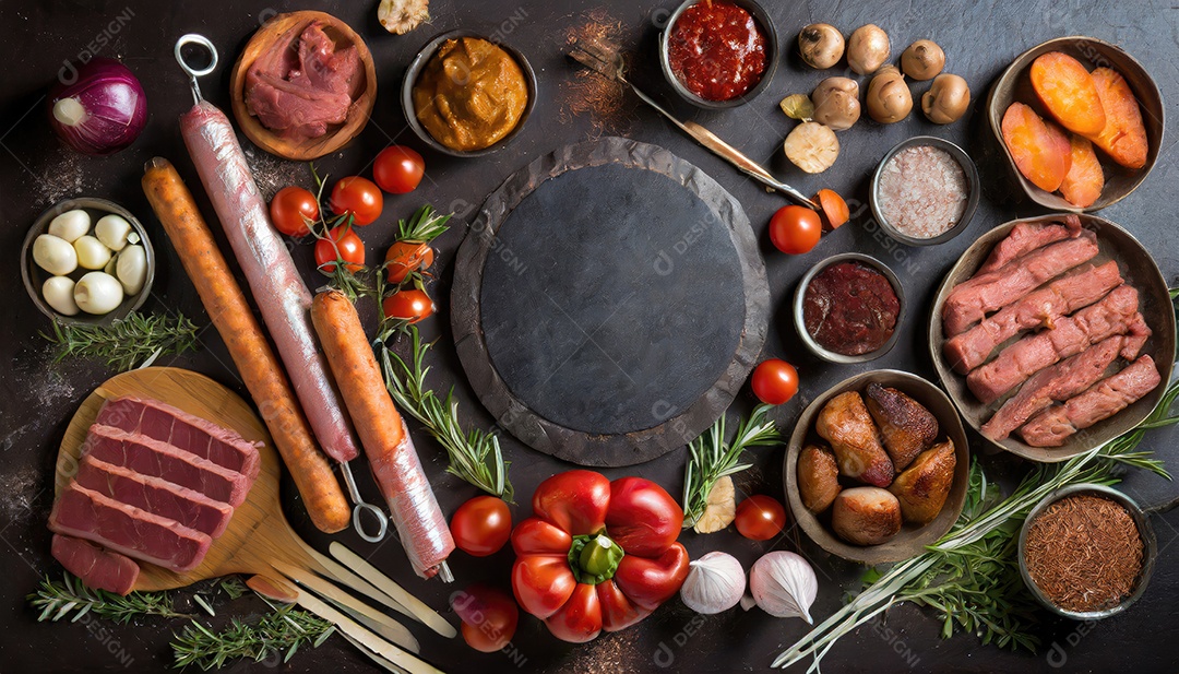 Carne grelhada e legumes em madeira rústica