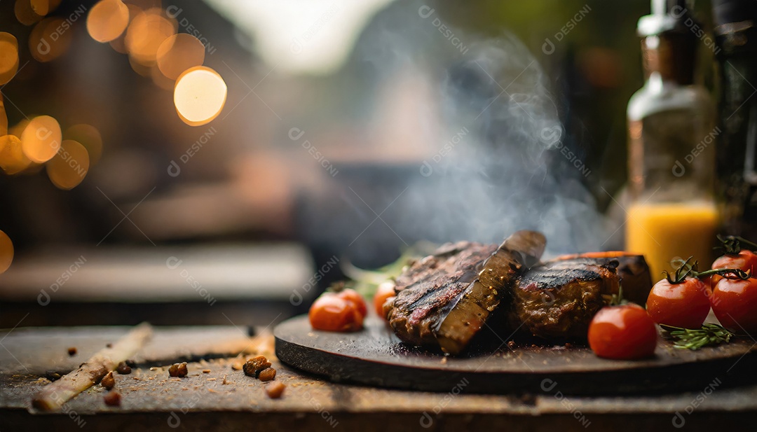 Churrasco grelhado e fatiado bife de carne em um prato com fumaça no fundo.