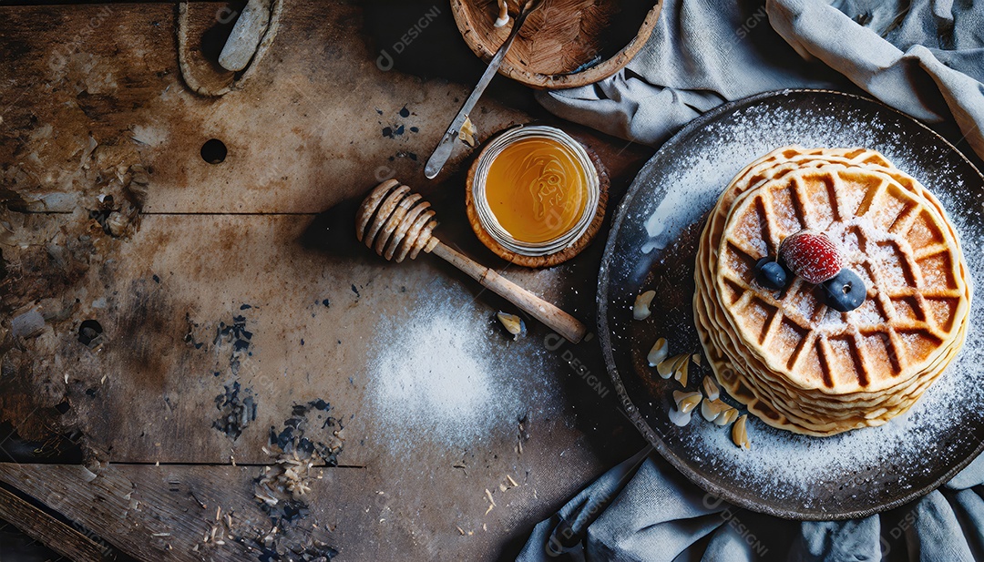 Waffles belgas com morangos, mirtilos e calda na mesa de madeira.