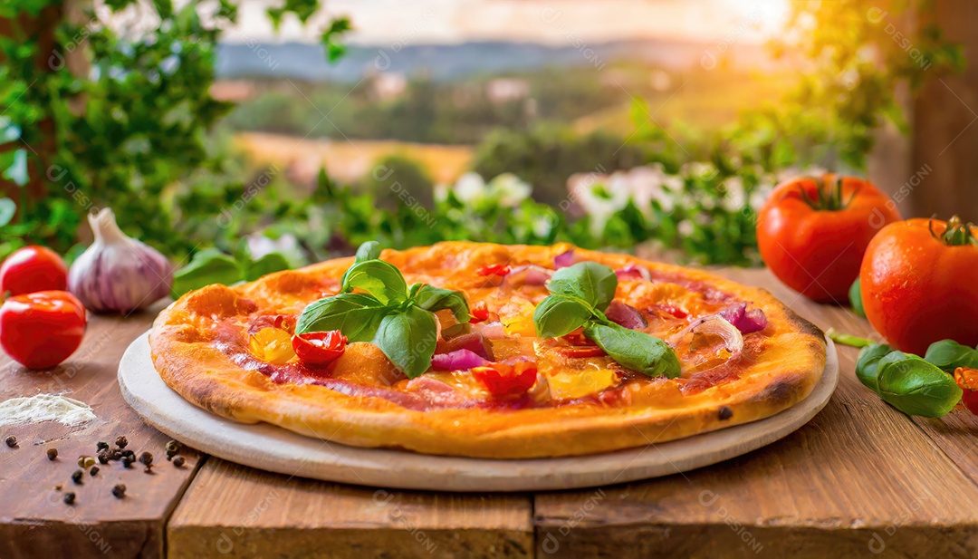 Pizza Margherita sobre uma tábua de madeira fundo para uma paisagem,