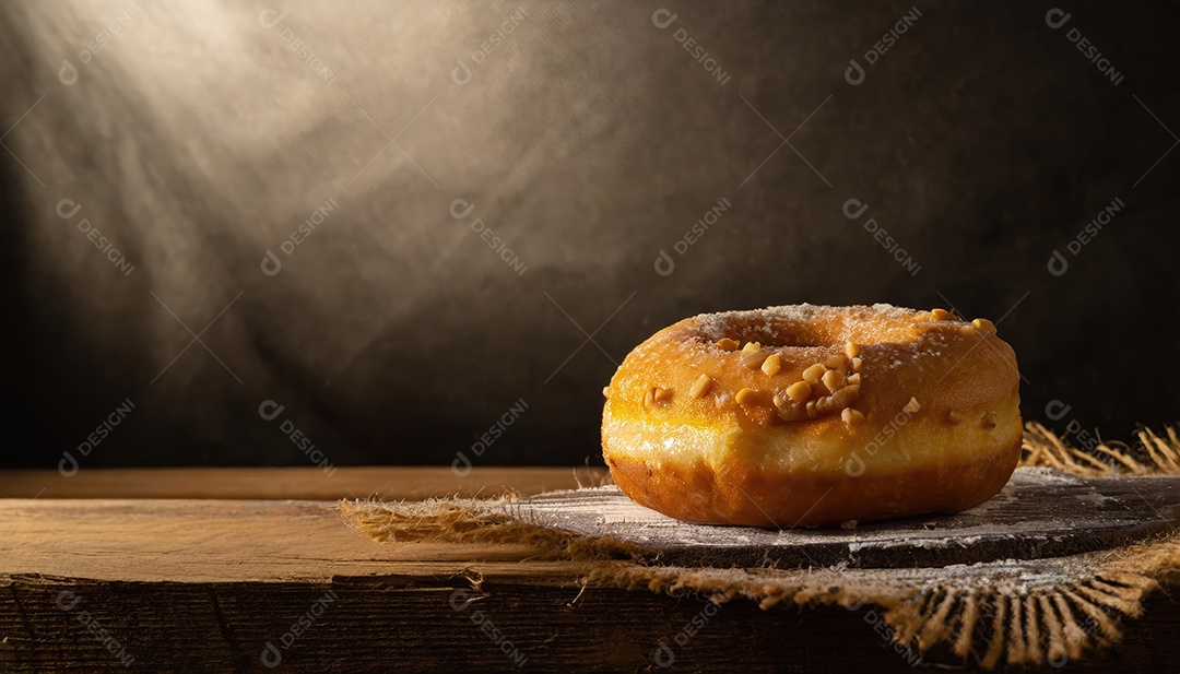 Donuts com açúcar de confeiteiro na mesa de madeira