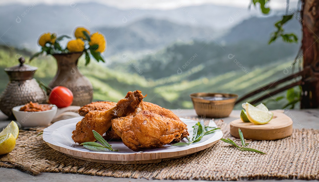 Moelas de frango frito e crocante em uma mesa de madeira rústica com vista para a paisagem
