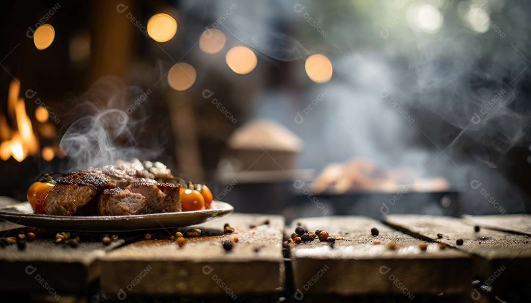 Churrasco grelhado e fatiado bife de carne em um prato com fumaça no fundo.
