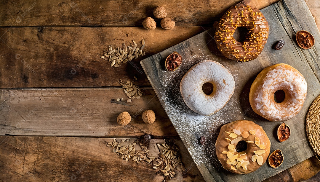 Variedade de donuts com granulado e glacê em fundo de madeira