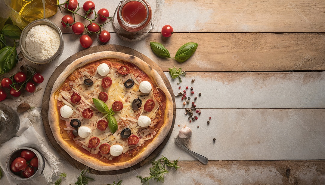 Deliciosa pizza margarita com mussarela na mesa de madeira.