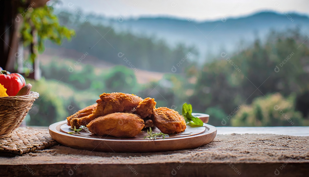 Moelas de frango frito e crocante em uma mesa de madeira rústica com vista para a paisagem
