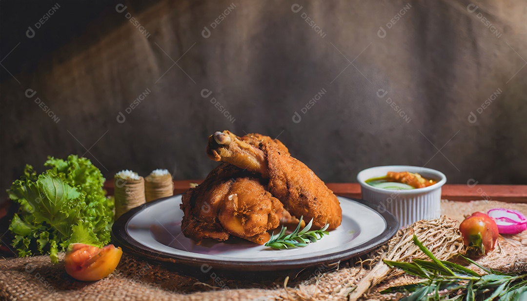 Moelas de frango frito e crocante em uma mesa de madeira rústica.