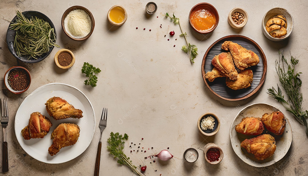 Tiras de coxinha de frango à milanesa, perna, asa e peito.