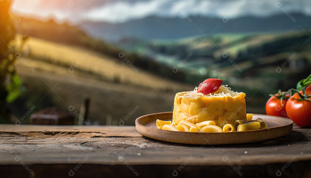Macarrão americano e queijo com molho de queijo Cheddar com fundo de vista de paisagem.