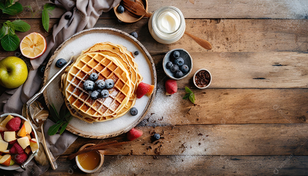 Waffles belgas feitos na hora com mel e açúcar de confeiteiro.
