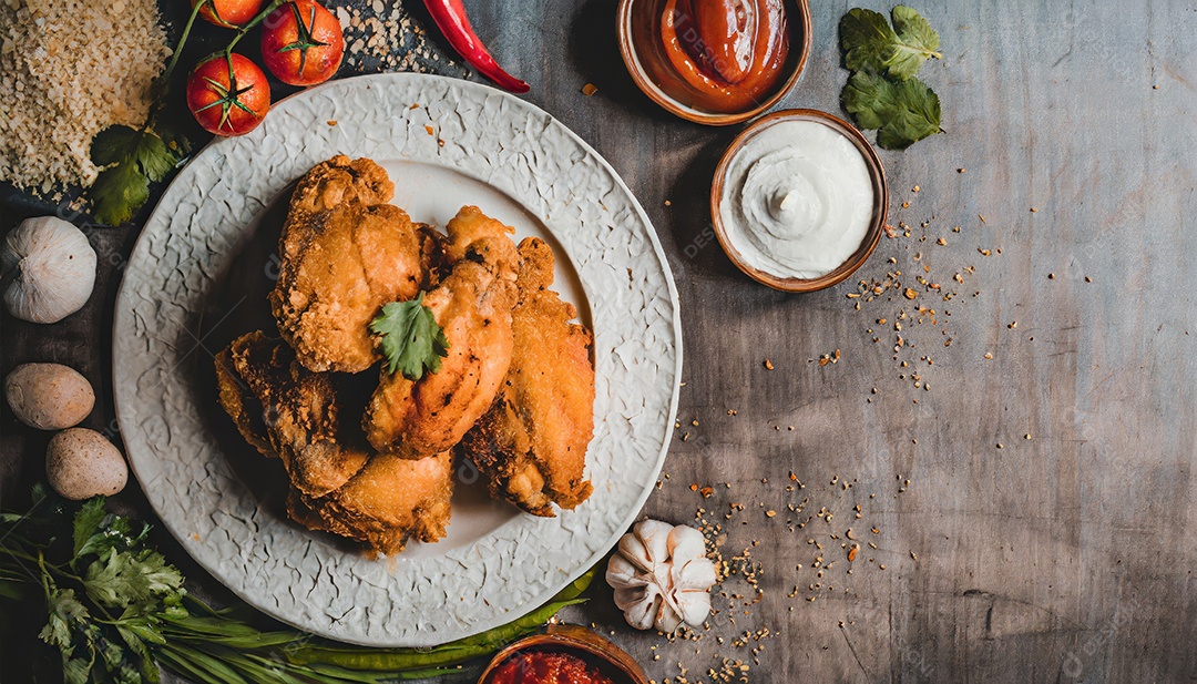 Frango assado crocante em um prato com molho de tomate.