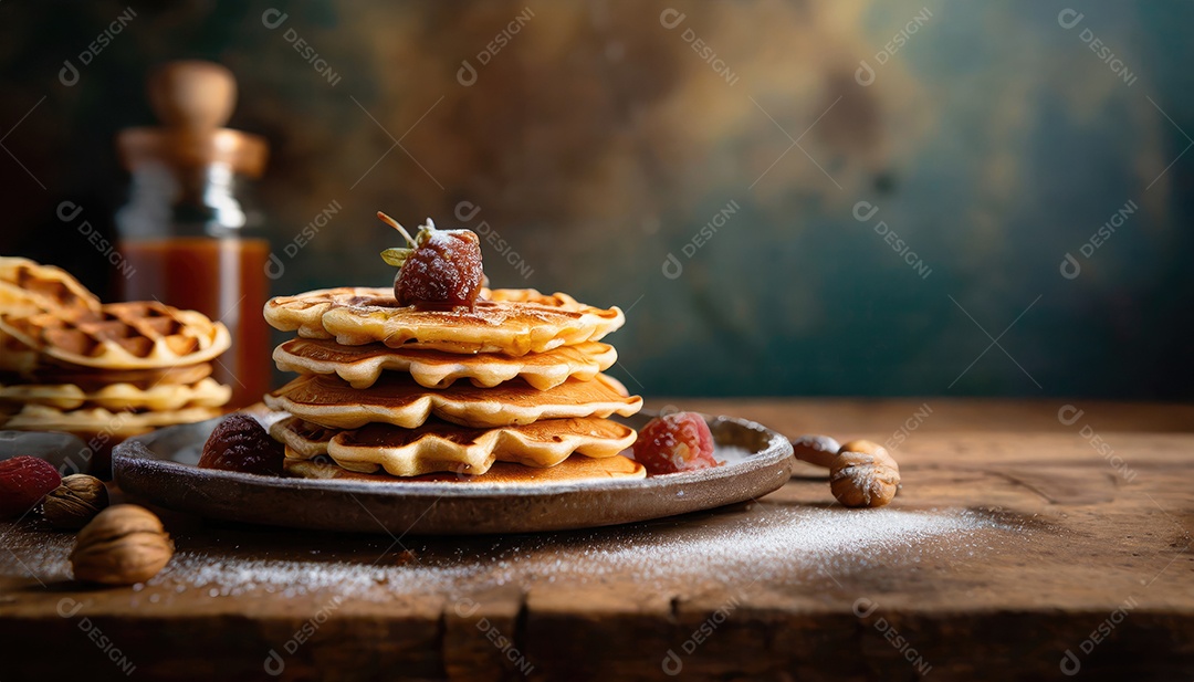 Deliciosos waffles com garoa de xarope de bordo e amora em fundo de madeira marrom.